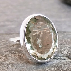 Large Prasiolite Green Amethyst 925 Sterling Silver Ring Size R US Size 8.75