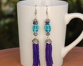 Skull Earrings Turquoise Tassel Beads Purple
