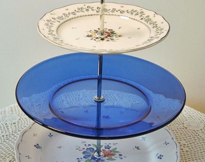 Cobalt Blue Floral Cake Stand Wedding Plates Cupcake Tidbit Etsy