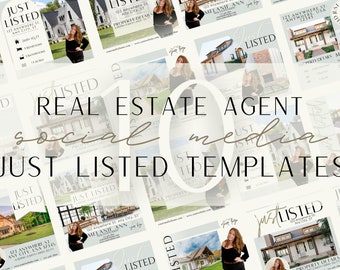 May include: A collage of social media templates for real estate agents. The templates feature photos of houses and the text "Just Listed" in a modern, minimalist style.