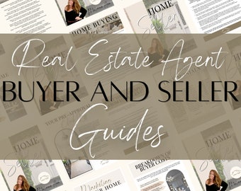 Może przedstawiać: Kolaż obrazów przedstawiający agenta nieruchomości, z tekstem "Real Estate Agent Buyer and Seller Guides" w białym, ozdobnym kroju pisma na brązowym tle. Obrazy przedstawiają agenta, wnętrze domu i rozkład kosztów kupującego.