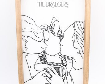 Custom family portrait line drawing wood framed sign, custom family portrait drawing, family sign, 3D sign, custom sign, outlined portrait