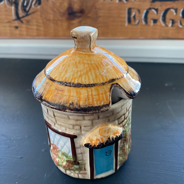 Made in Devon Handmade Handpainted Thatched Cottage Jam Sugar Honey Pot With Lid