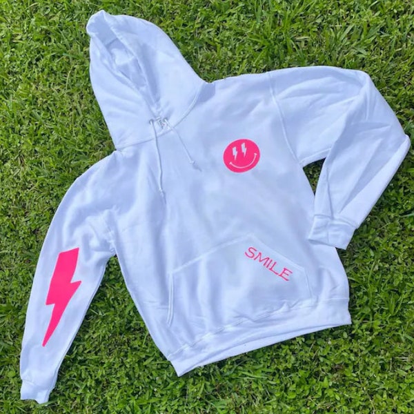 Preppy Oversized Wit &Hot Pink Smiley Face Hoodie - Verjaardagscadeaus