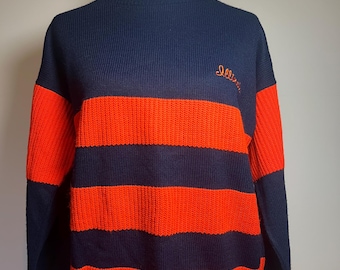 Vintage Marlomar Corp Illinois Sweater Orange Navy Striped Knit Pullover USA Made XL Collegecore Retro