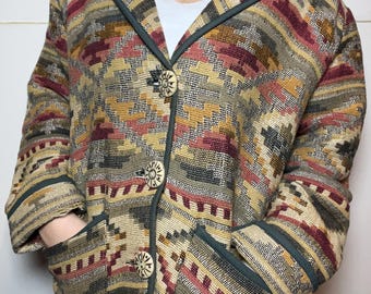 Vintage 90s Southwestern Tapestry Jacket Bedford Fair Aztec Tribal Boho Oversized Cotton Coat L