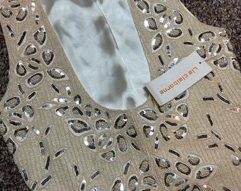 Vintage Liz Claiborne Beaded Silk Vest: Ivory Sequin Pearl Embellished Formal Top (Medium)