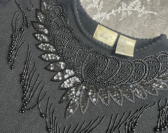Vintage 90s Black Beaded Sweater Katie Lee Ramie Cotton Gothic Glam Evening Statement Knit Small