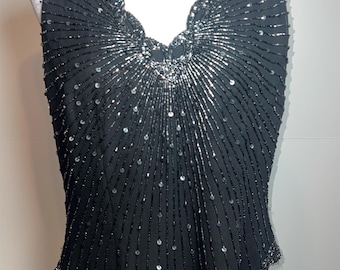 JKARA New York Black Beaded Sequin Evening Top – Gatsby Flapper Glam Size L