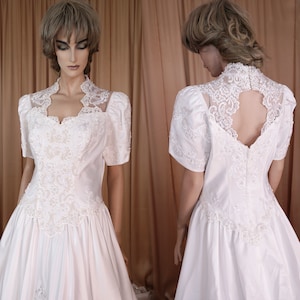 90s Vintage Wedding Dress: Beaded Lace, Short Sleeve, Queen Anne Neckline