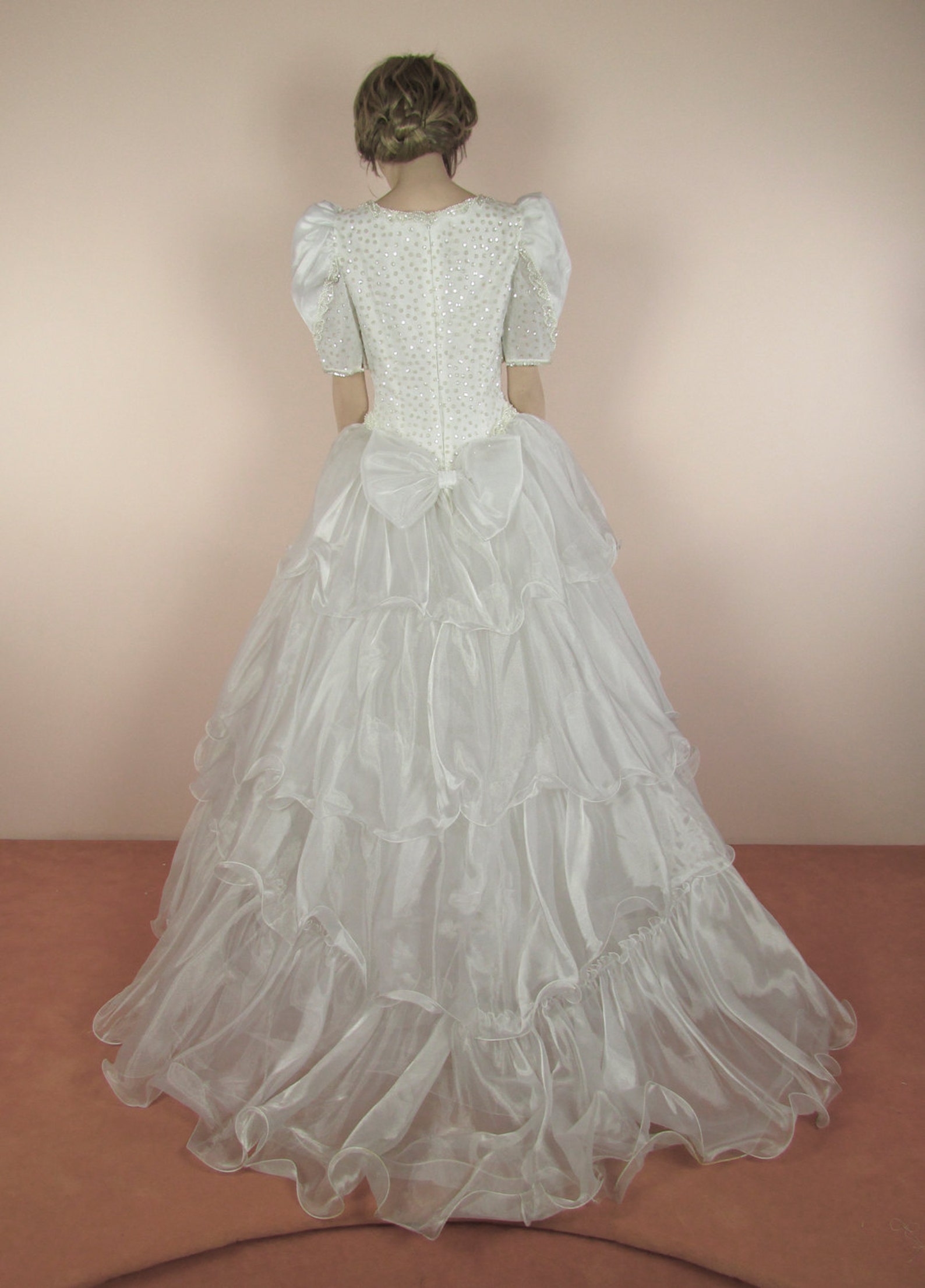 Gothic Vintage Wedding Dress – 1980s Style Beaded Ruched Lace Ball Gown – Custom Made