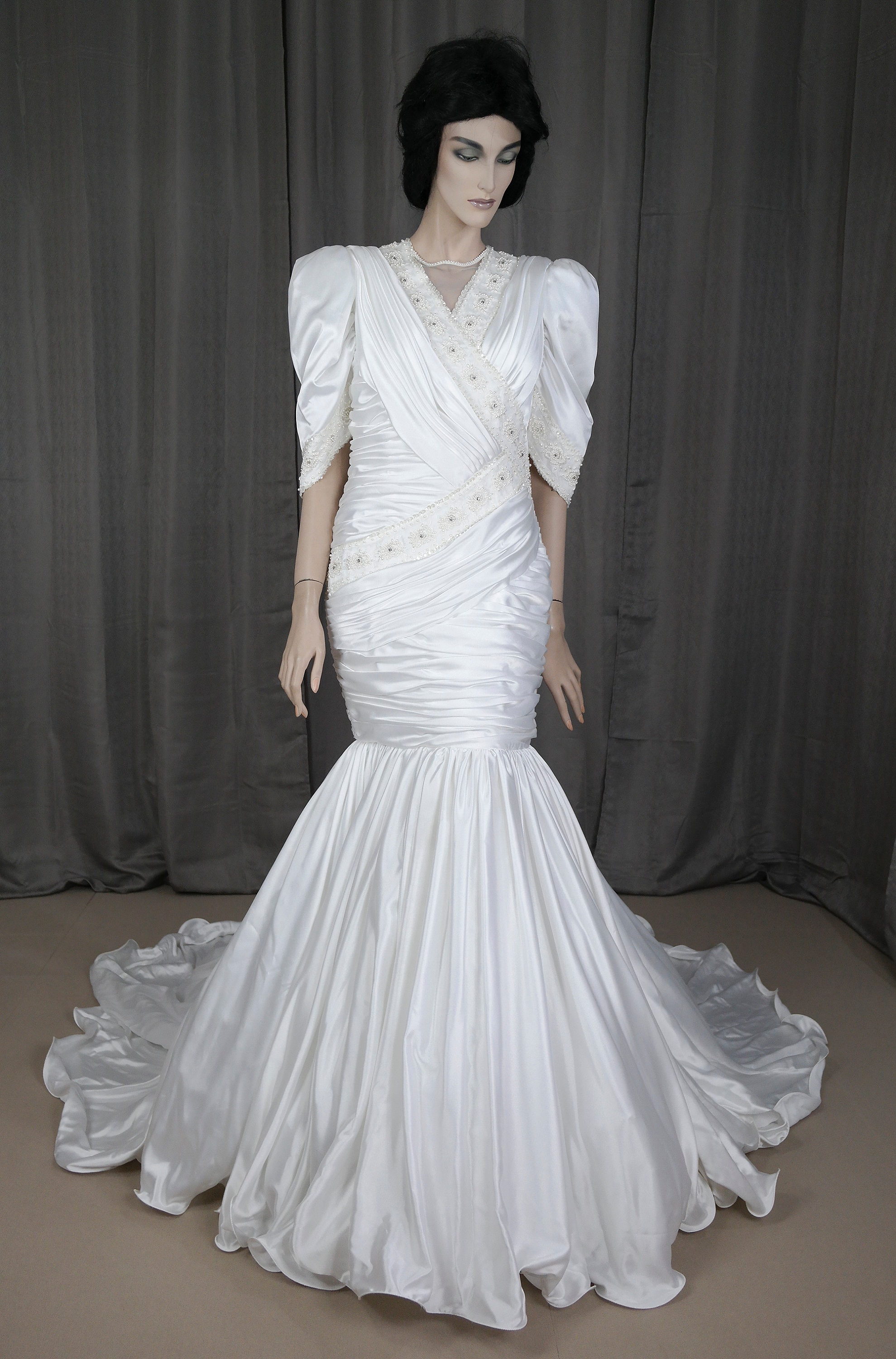 80s Vintage Mermaid Wedding Dress: Draped Lace Bodice, Long Train - Etsy