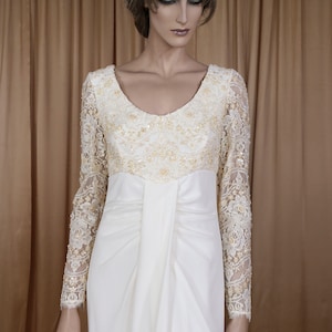 90s Vintage Lace Wedding Dress: Long Sleeve Empire Bridal Gown