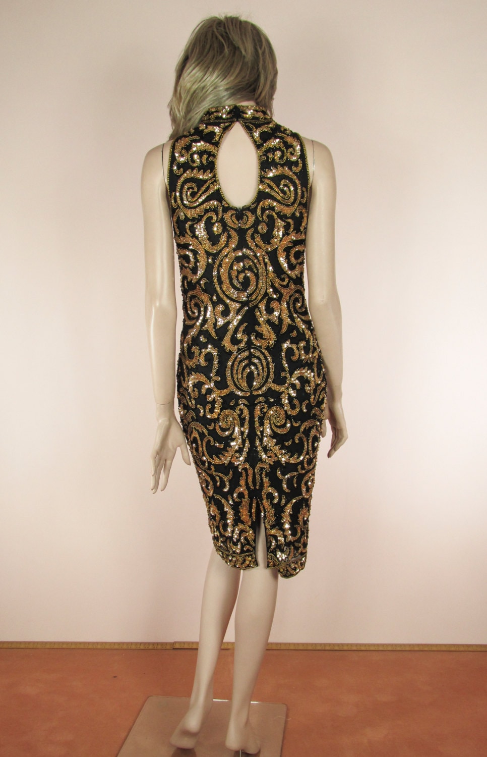 Vintage 80s Sequin Cocktail Dress: Black & Gold Party Dress - Etsy