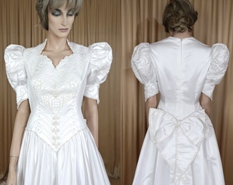Vestido de novia blanco de los anos 90 vestido de novia vintage grande de los anos 90 vestido de manga corta vestido de novia de estilo victoriano escote reina Ana Etsy Espana