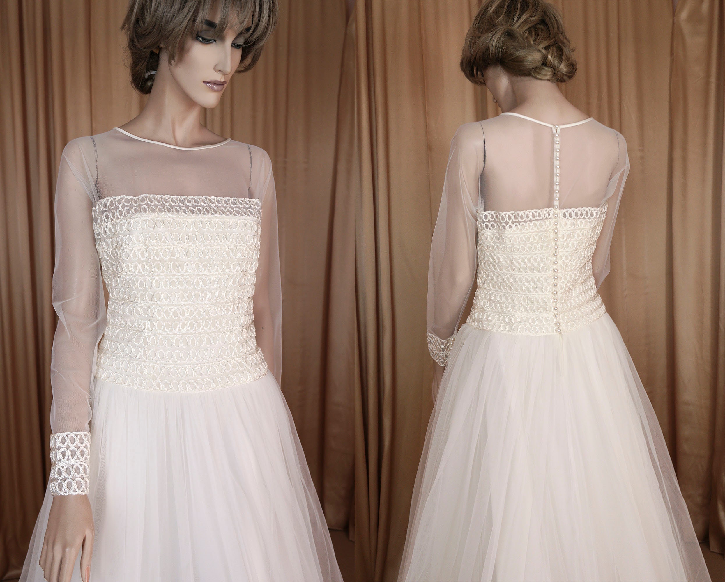 Vintage 90s Tulle Wedding Gown: Illusion Neckline, Long Sleeves, Made in Italy