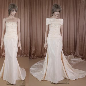 90&#39;s Vintage Wedding Dress - wedding dress from the 1990&#39;s – Romantic bridal gown -Mermaid line wedding dress - beige three piece dress