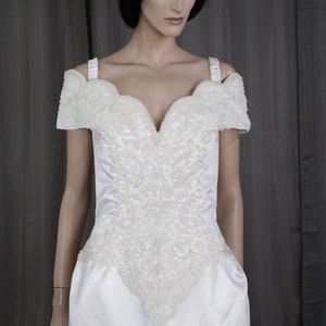 Wedding Dress 90s – Vintage bridal gown from 1990s - sheath dress with train - Victorian style wedding dress - beaded wedding dress
