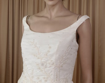 Vintage 90s Ivory Wedding Dress: Beaded Corset, Off-Shoulder Organza Gown