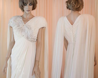 Vintage 80s Ivory Wedding Dress: Embroidered Empire Bridal Gown