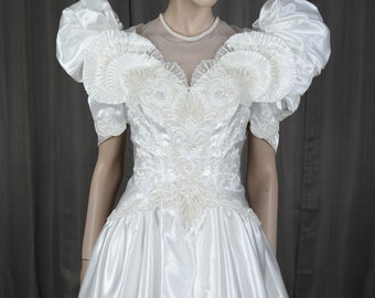 90s Vintage White Wedding Dress: Beaded Victorian Illusion