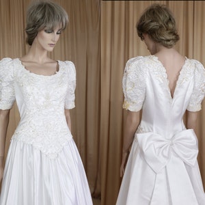 90s White Wedding Dress: Vintage Beaded Bridal Gown with Train