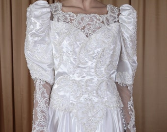 90s Vintage White Wedding Dress: Beaded Lace, Long Sleeves