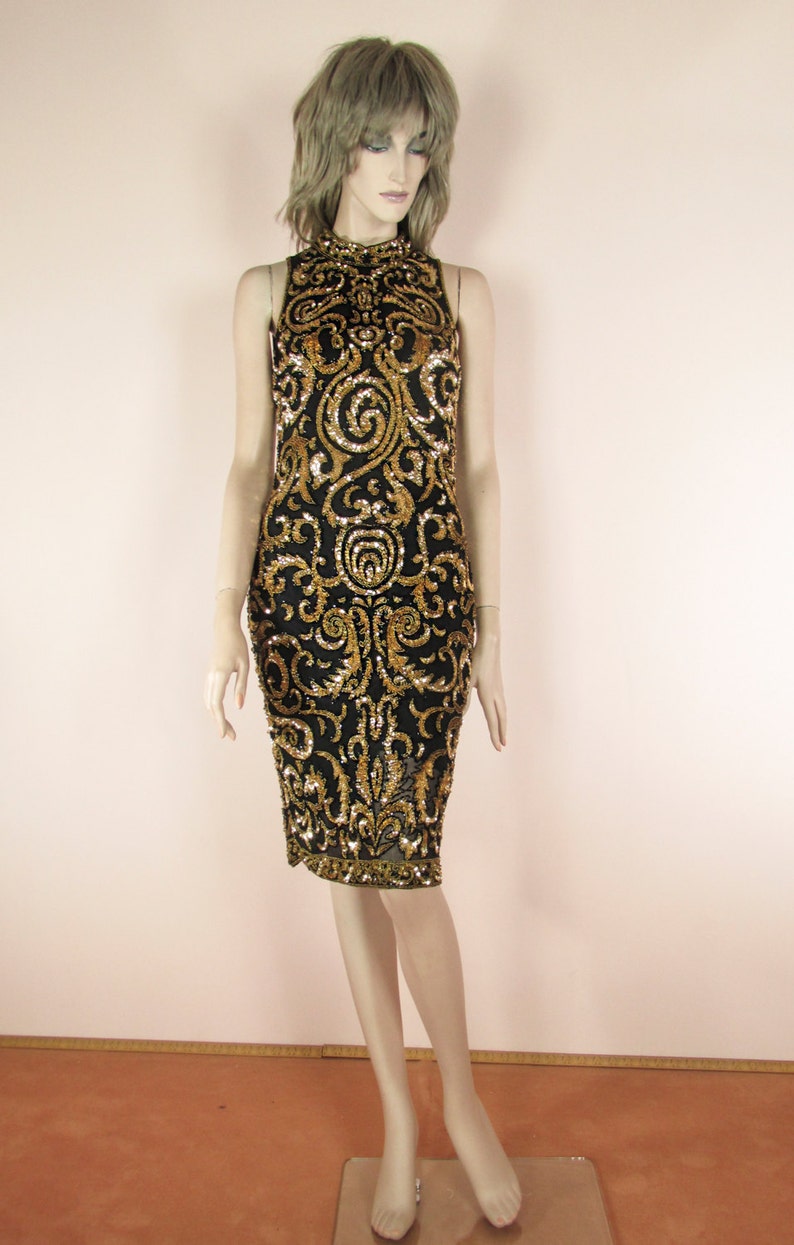 80's Vintage Cocktail Dress Black and Gold Sequin Etsy
