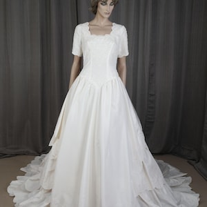 Vintage 90s Wedding Dress: Ivory Shantung Taffeta Gown, Long Train