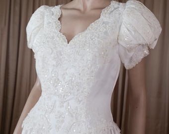 Vintage 90s Wedding Dress: Beaded Lace, Balloon Sleeves, Long Train