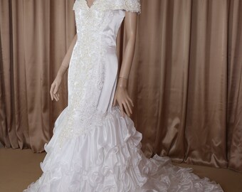 80s mermaid wedding dress Long 80s Wedding Gown 80s Style Mermaid Lace Sleeve Wedding Dress With Removable Skirt