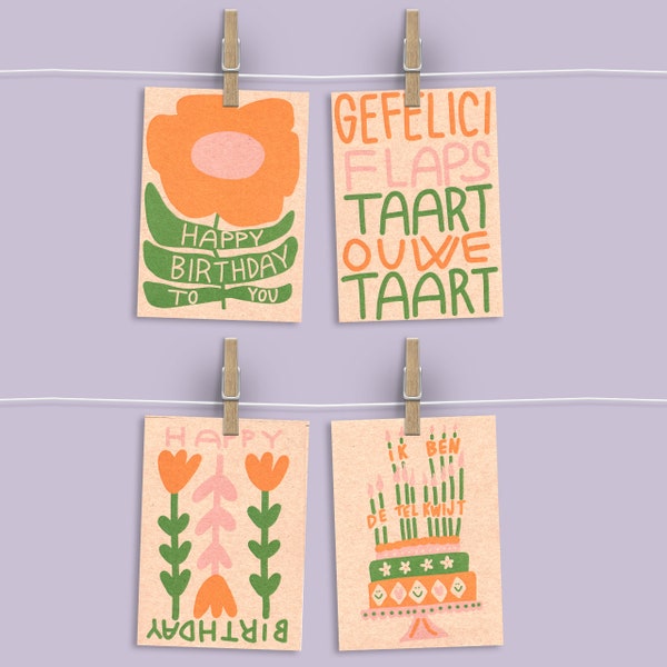 Set grafische retro verjaardagskaarten 4 x – Kraft papier