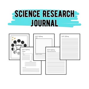 May include: A science research journal with the text "SCIENCE RESEARCH JOURNAL" in black letters on a light blue background. The journal pages include sections for research, sketches, and notes, with a lunar phase illustration.