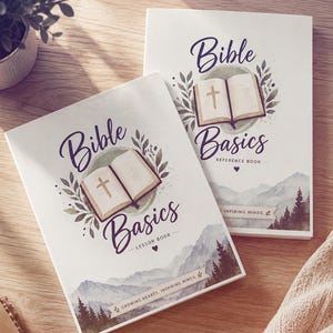 May include: Two books titled "Bible Basics" are displayed on a wooden surface. The covers feature an open book with a cross, surrounded by a wreath. The text "Lesson Book" and "Reference Book" are also visible.