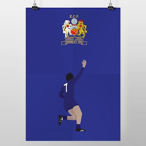 May include: A blue poster with a graphic of a footballer in a blue kit, number 7 on the back. The poster includes a crest and the text "E.C.F. WEMBLEY 1968".