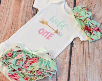 Wild One Birthday Outfit - First Birthday Bodysuit - Pink Mint Flowers - Tribal Princess Birthday - Optional Bow and Bloomers - Baby Girl