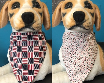 Reversible Over The Collar Pet Bandana Patriotic Red White Blue American Flags and Stars cats dogs slide on