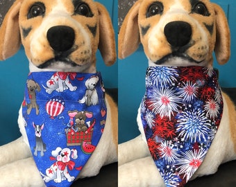 Reversible Over The Collar Pet Bandana Summer Time Patriotic Dogs Flags and Stars slide on