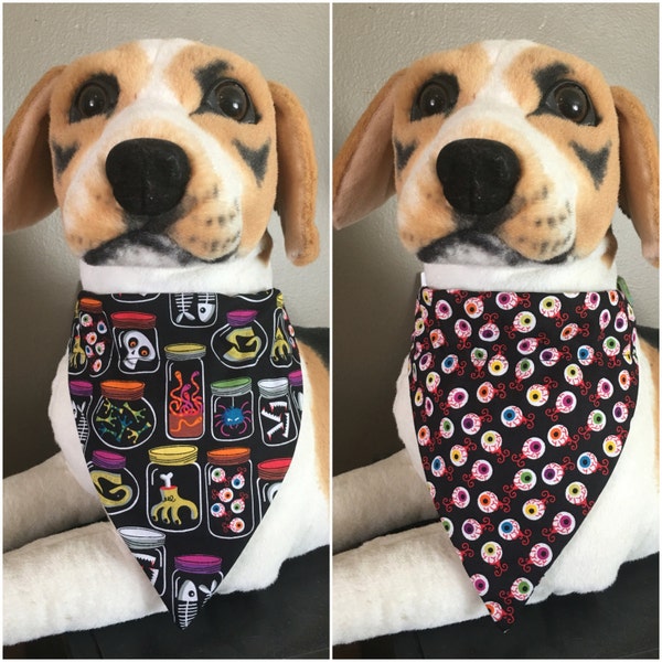 Reversible Over The Collar Pet Bandana Scarf Halloween Jars and Eye Balls Dogs Cats slide on 2 in 1