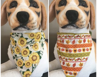 Reversible Slide On Bandana Fall Autumn Sunflowers Leafs Over The Collar 2 in 1 Cats Dogs