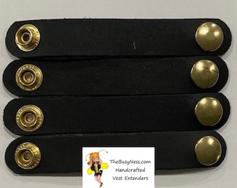 SKU #293 Size 24 Snap: Set of 4 Black Leather Vest Extenders = 3 1/2” Length (Snap to Snap) Gold Snaps