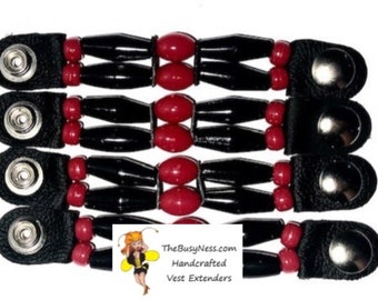 SKU# 272 Size 24 Snap - Set of 4 Faux Black Bone/Red Oval Beaded Vest Extenders: 4 1/2" Snap to Snap
