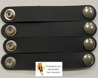 SKU #292 Size 24 Snap: Set of 4 Black Leather Vest Extenders = 3 1/2” Length (Snap to Snap) Silver Snaps