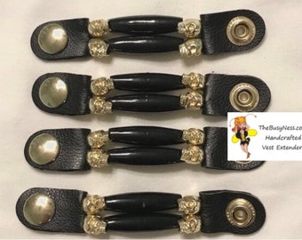 SKU #414 Set of 4 Gold Skull/Black Beaded Vest Extenders = 3 1/4” Length (Snap to Snap)