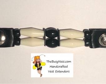 SKU# 280 Size 24 Snap - Set of 4 Faux White Bone/Black Oval Beaded Vest Extenders: 4 1/2" Snap to Snap