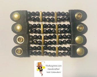 SKU #420 Size 24 Snap: Set of 4 Handcrafted Black & Gold W/Gold Slider Beaded Vest Extenders 4 1/2” Snap to Snap