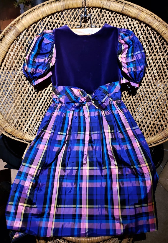 Gril preteen size 14  12. Free Ship three little navy trimmed Girl 80/'s preteen navy blue check vintage dress decrotive front bows