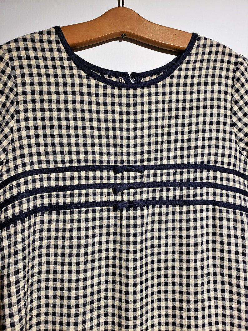 Gril preteen size 14 12. Free Ship three little navy trimmed Girl 80/'s preteen navy blue check vintage dress decrotive front bows