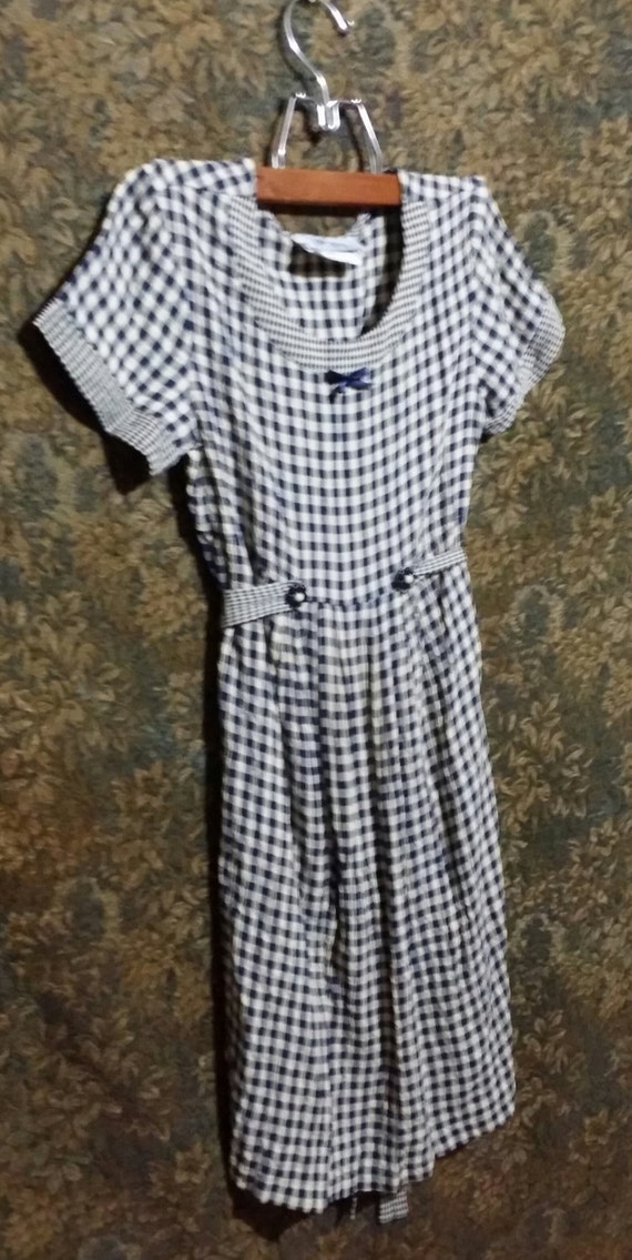 Gril preteen size 14 12. Free Ship three little navy trimmed Girl 80/'s preteen navy blue check vintage dress decrotive front bows