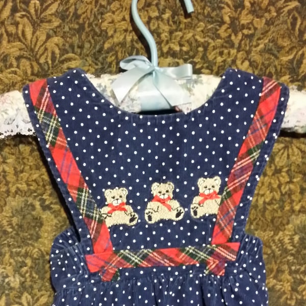 Hold for A유주 신  ... 24mo -  baby girl navy blue,  white poke-a-dot 1980's  dress, three little bears wearing bowes with red plaid boarder.